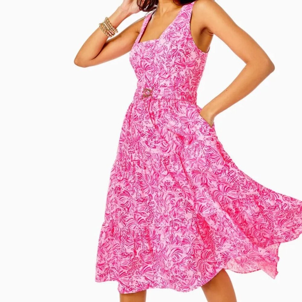 NEW NWT Lilly Pulitzer McKinnon Midi Dress 12 Pink Blossom Foxy Llama Fit Flare